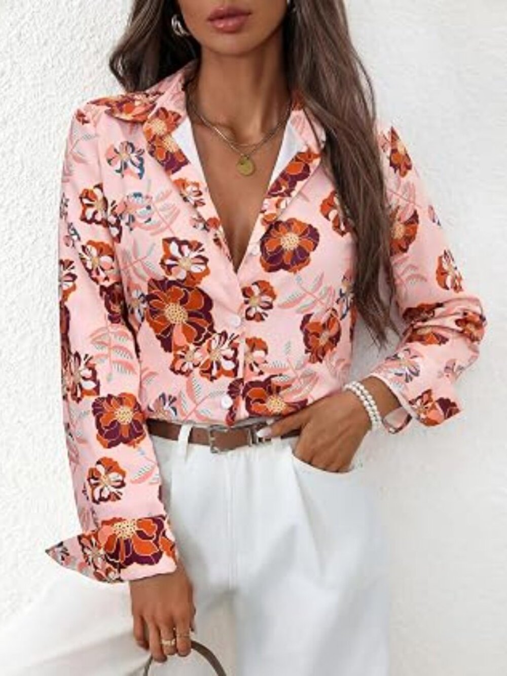Orange Pink Floral Button Down Shirts for Women Striped Dress Shirts Long Sleeve - Picture 2 of 4